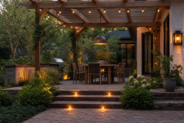 warm pergola patio with string lights, dimmable pendant over a dining table, and low-glare step lighting along brick paving