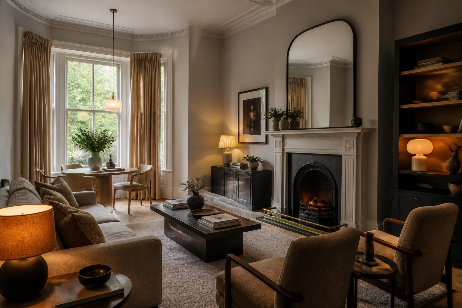 Period Property Interior Design: Balancing Heritage and Modern Living, shown as warm editorial Re-Design photography of a period home interior with original moldings, restored fireplace, contemporary furniture, and restrained color at believable residential scale, no overlaid text, no watermark
