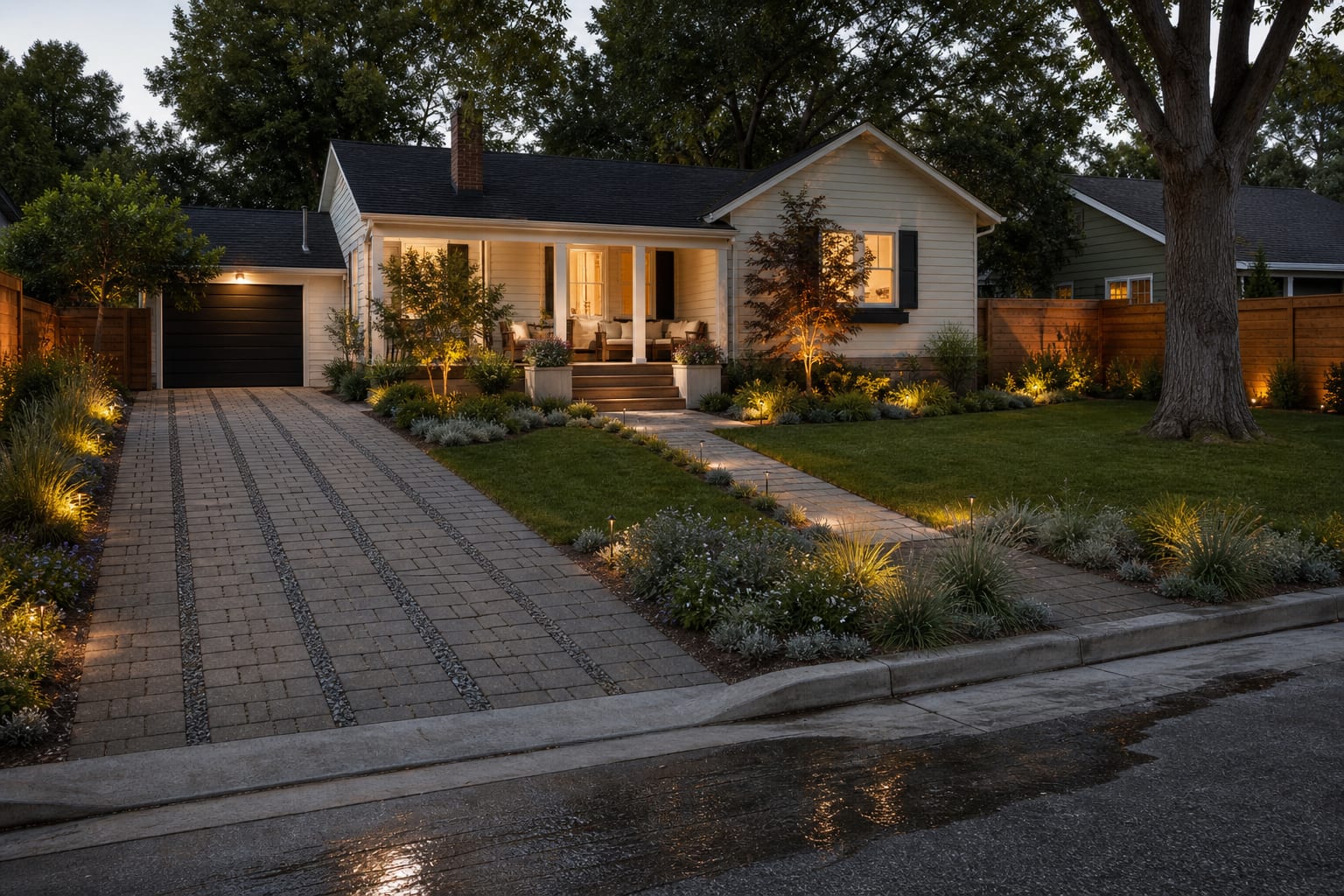 same driveway redesigned with permeable paver bands, gravel joints, low planting, and a clearer front walk connection