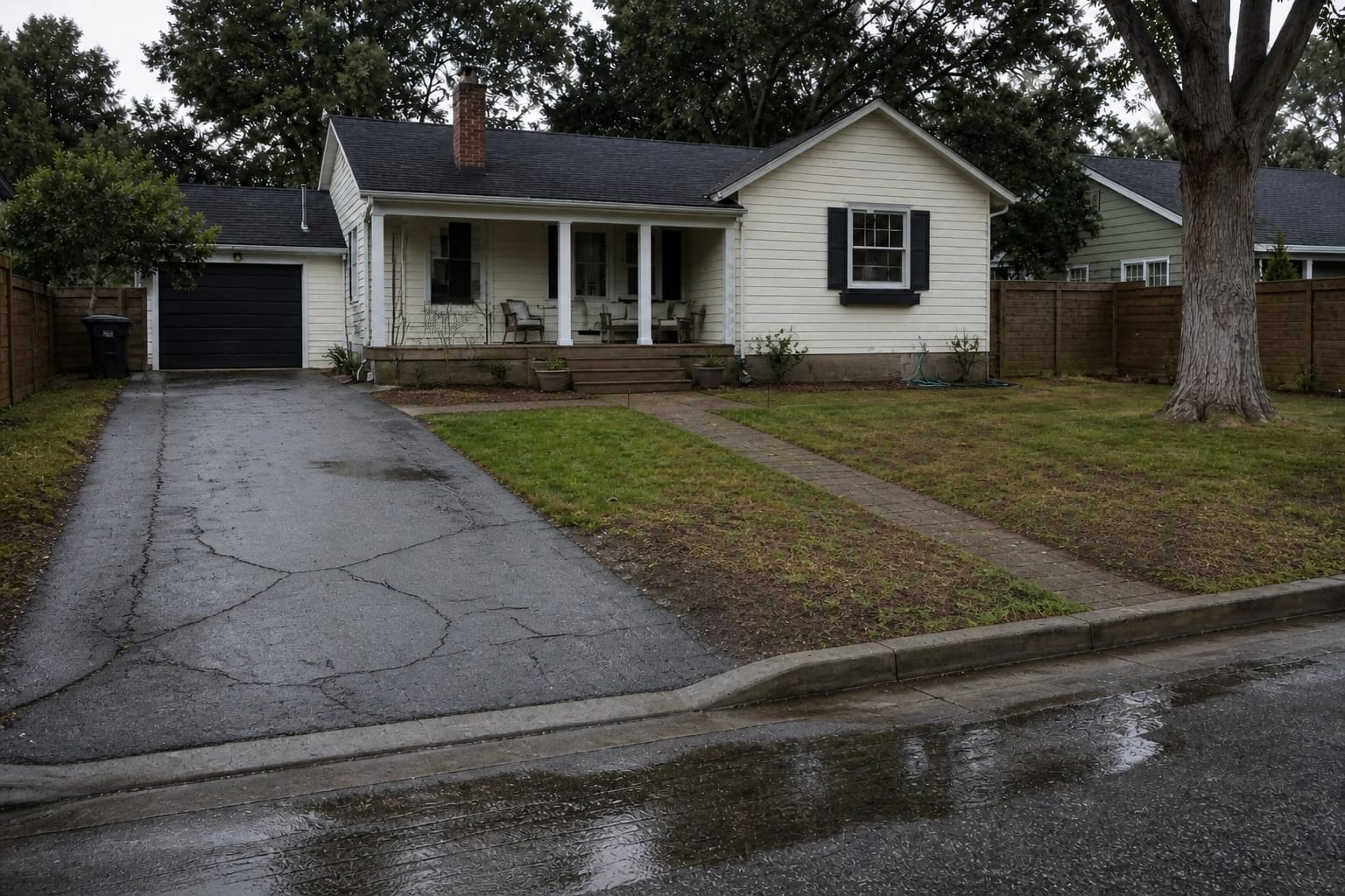 cracked asphalt driveway beside a plain front lawn with water collecting near the street after rain