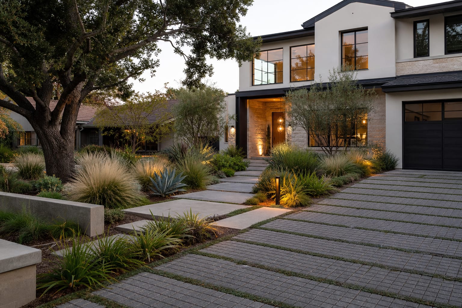 permeable paver driveway with planting strips, a clear front walk, and layered grasses in a modern front yard