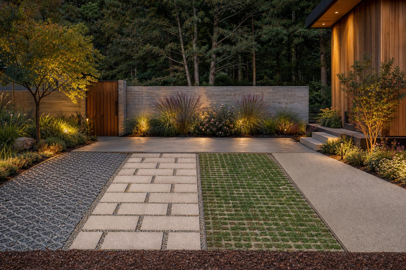 permeable driveway material samples showing gravel grid, open-joint pavers, grass cells, and porous concrete beside planting
