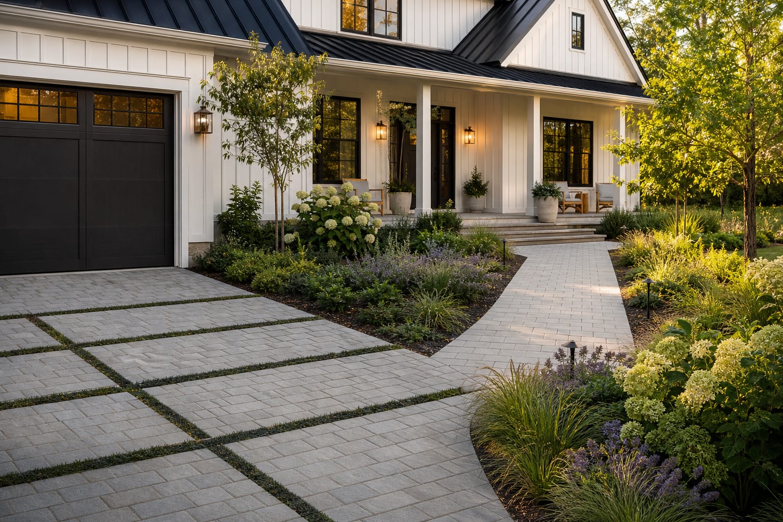front yard driveway with permeable paver bands, planted edges, and a clear 36 inch walkway to the porch