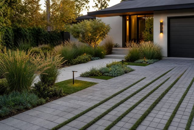 permeable paver driveway with planting strips, a clear front walk, and layered grasses in a modern front yard