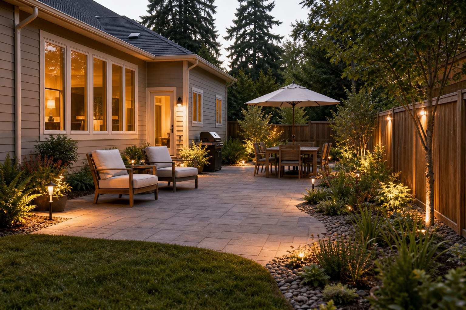 same patio angle with permeable pavers, clean stone joints, planted edges, and dry seating arranged after rainfall