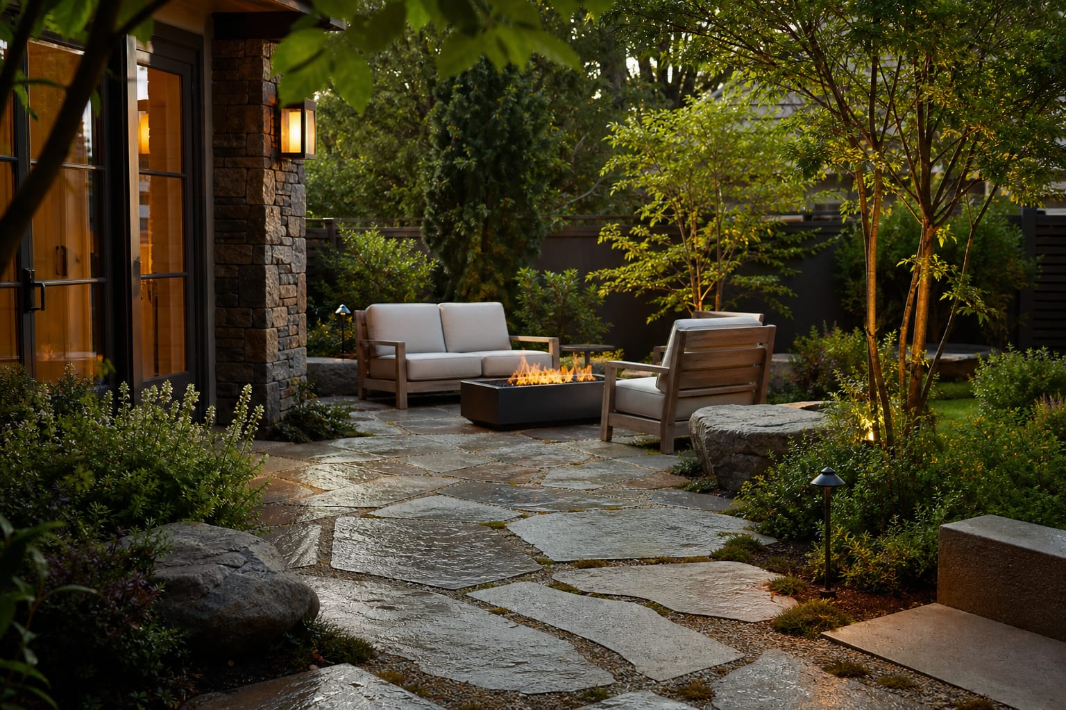 permeable patio with mixed stone joints, planting beds, and outdoor seating after rain has drained through the surface