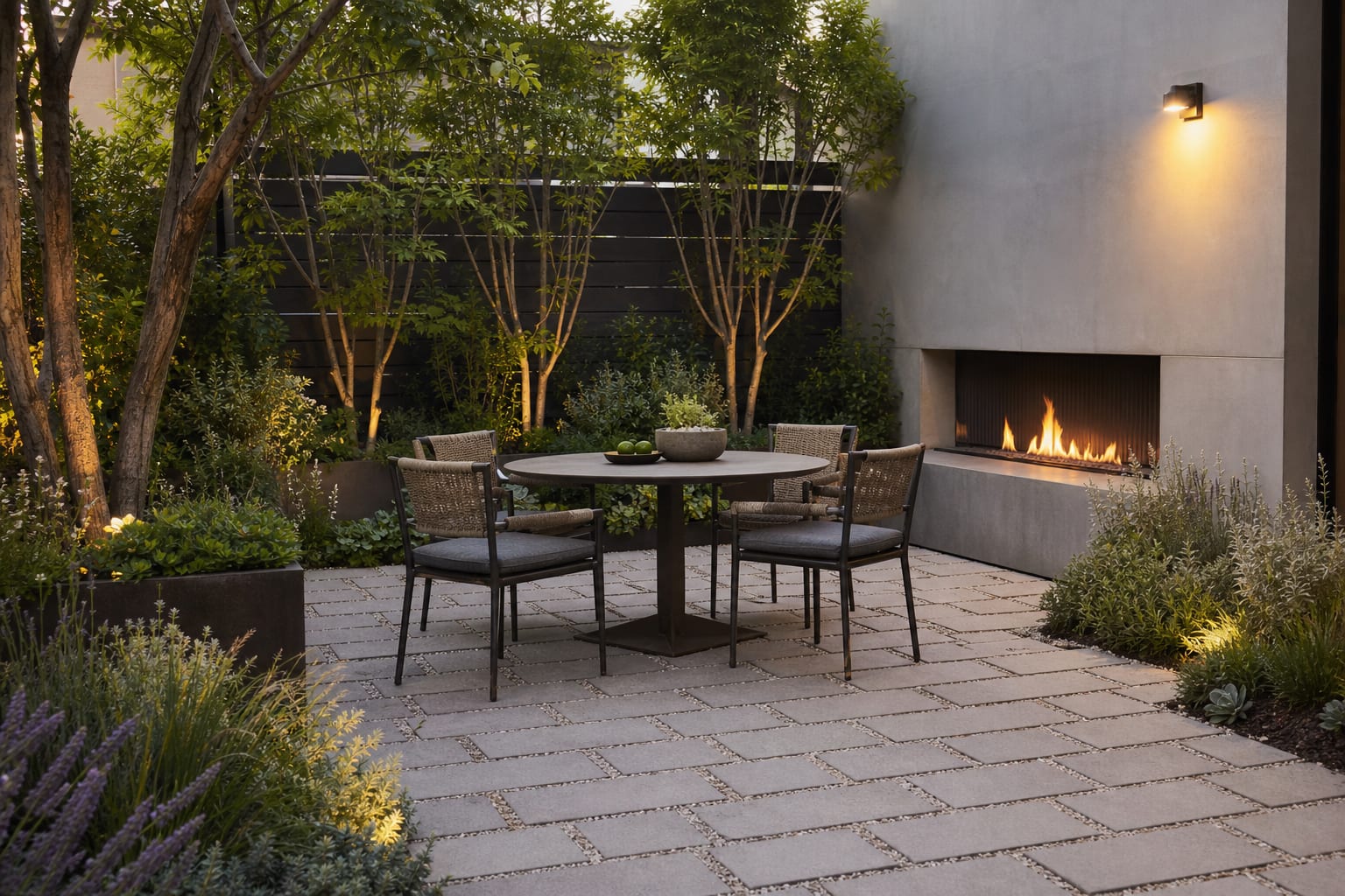 open-joint permeable pavers with clean aggregate joints, low planting, and a compact dining area sized for four chairs