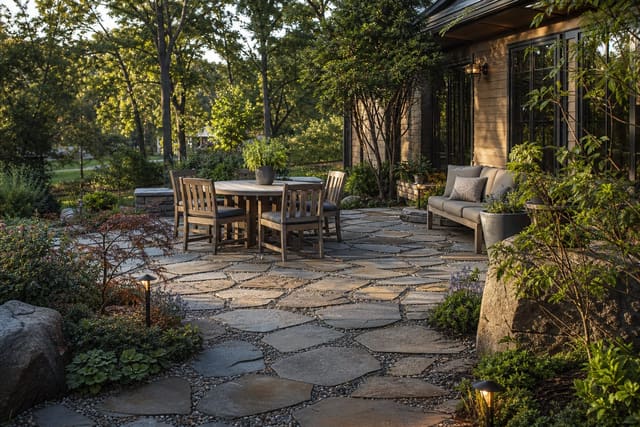 permeable patio with mixed stone joints, planting beds, and outdoor seating after rain has drained through the surface