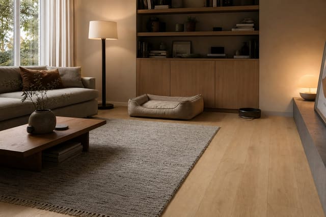 matte oak-look flooring in a living room with a dog bed, washable rug, and low-profile water bowl near built-in storage