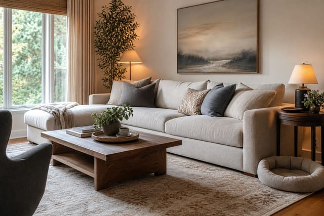 living room with a low performance-fabric sofa, washable rug, wood table, and pet bed tucked beside the arm