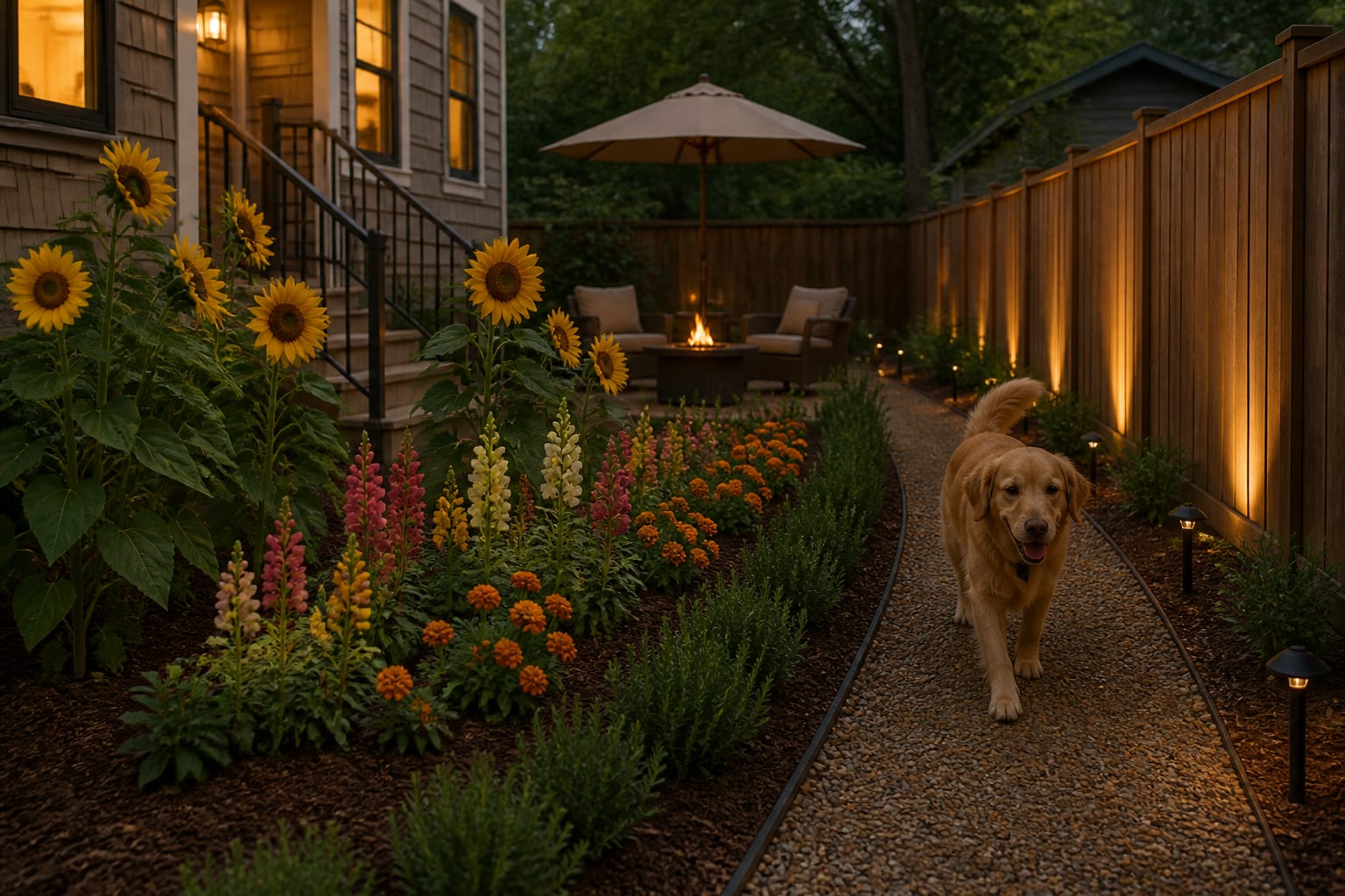 Same bed replanted with pet-safe flowers and herbs plus a clean gravel dog path after redesign