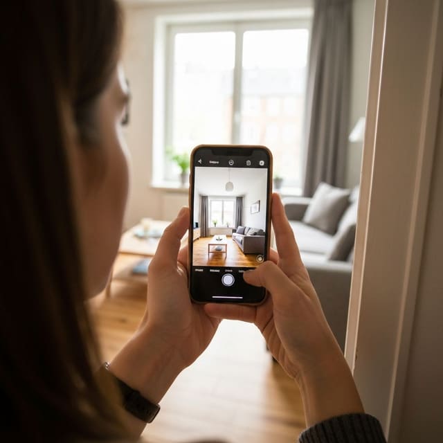 A person photographing a living room from a corner with natural light