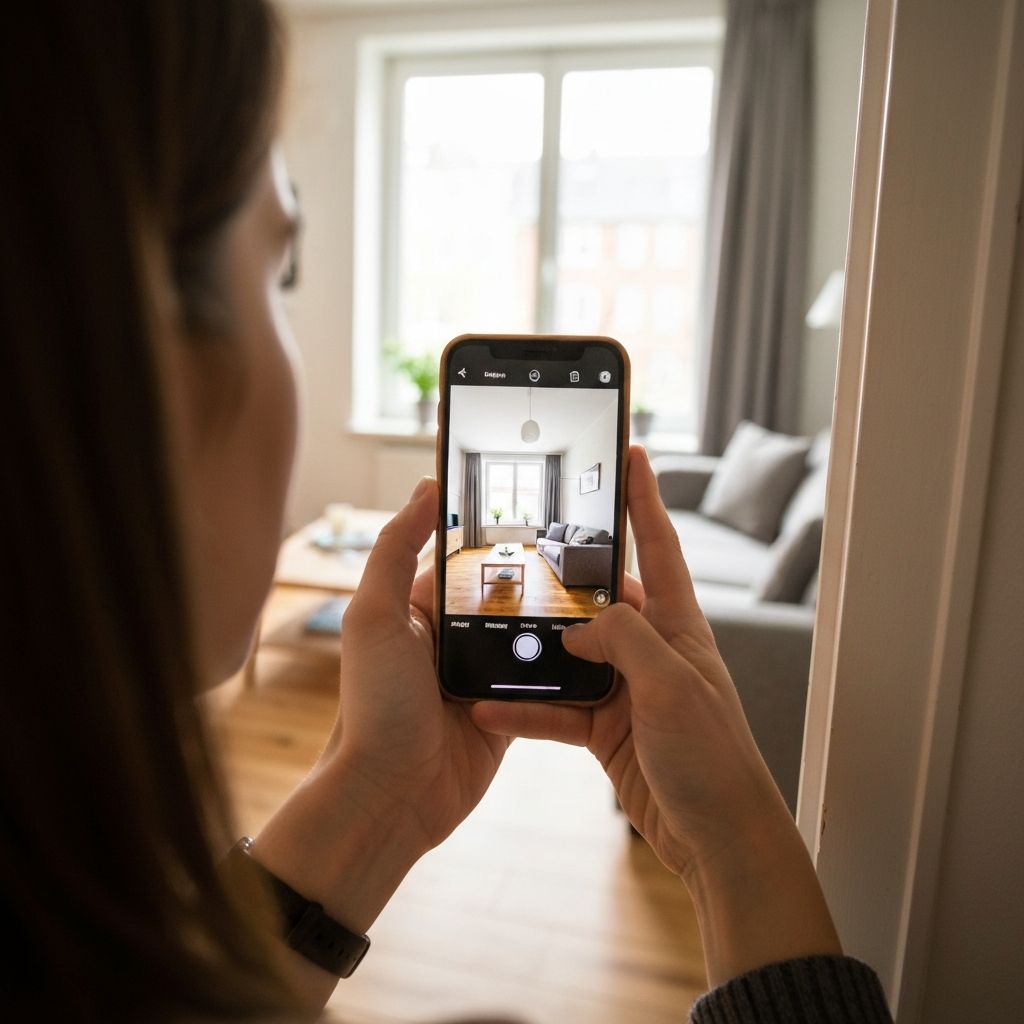 A person photographing a living room from a corner with natural light