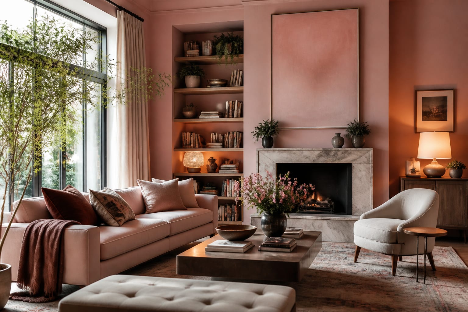 Pink Living Room Ideas in a living room, shown as a warm editorial Re-Design concept