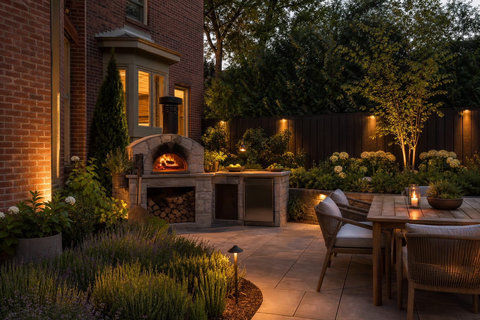 same patio corner with a built-in pizza oven, stone base, porcelain paving, side counter, wood storage, herbs, and low warm lighting.