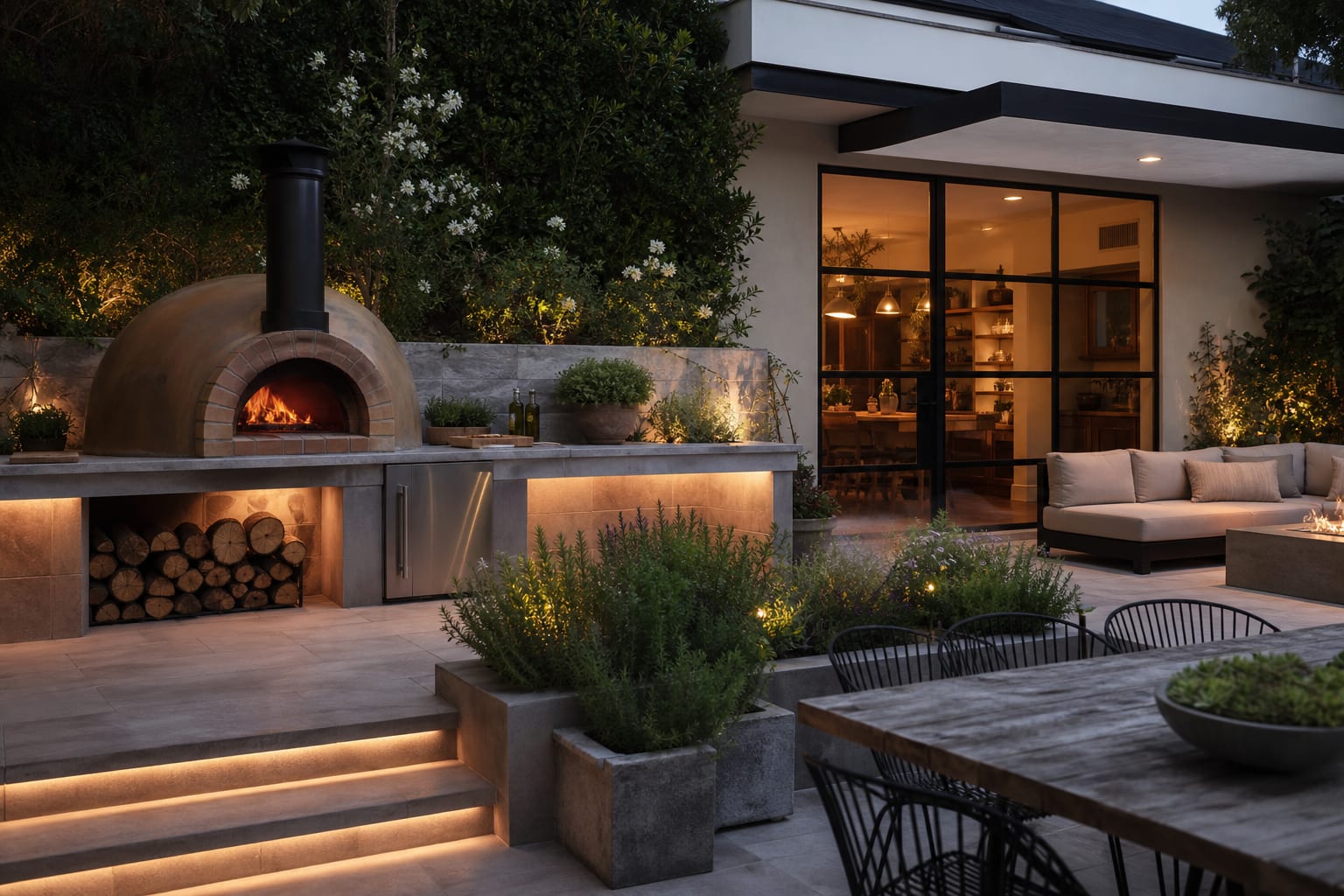 wood fired pizza oven on a porcelain tile patio with a prep counter, herb planters, and warm step lighting
