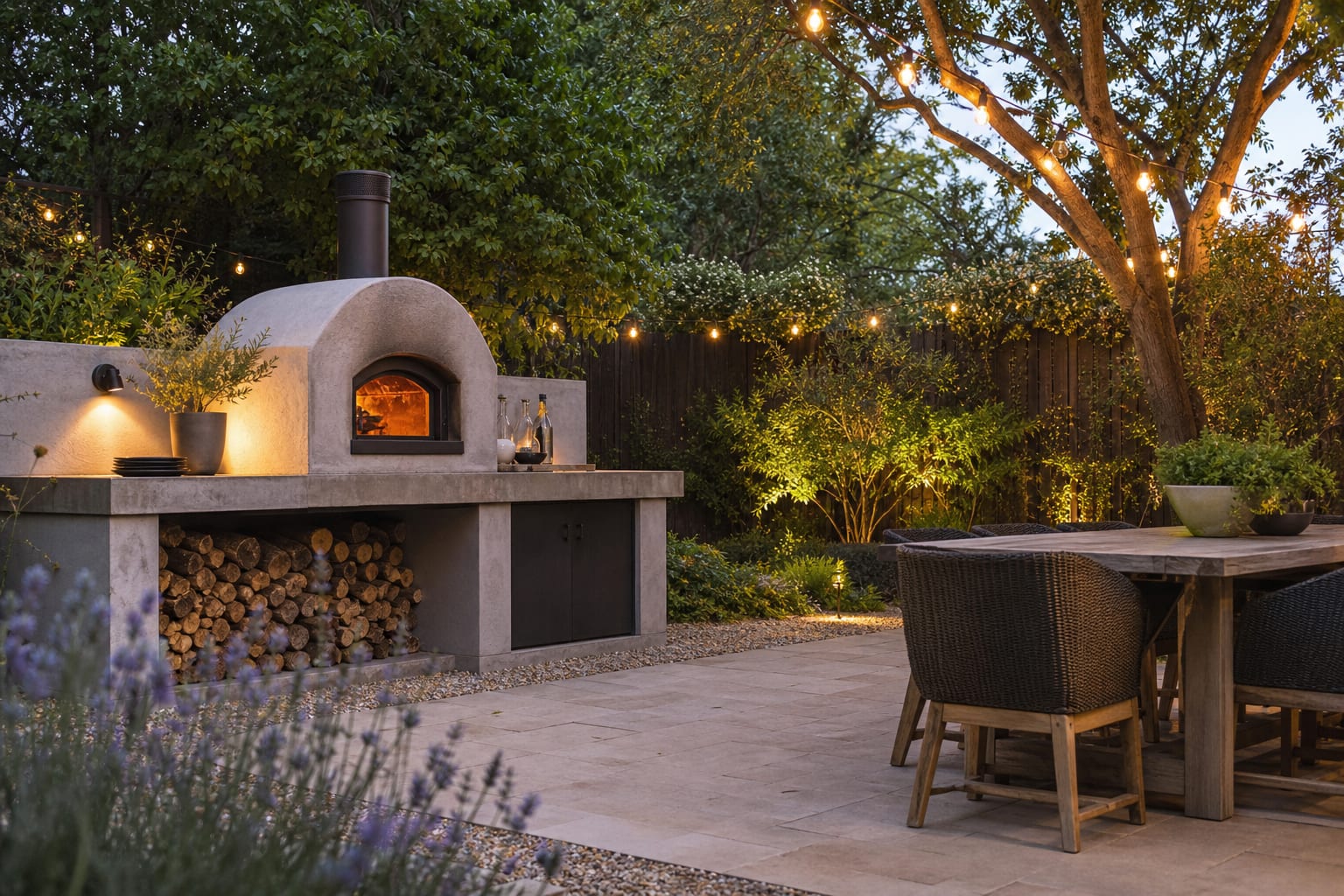 built in backyard pizza oven with a side prep counter, stacked firewood, gravel edge, and dining table set outside the heat path