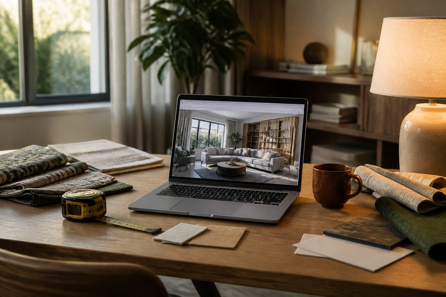 home office laptop showing a room planning interface beside fabric samples, a tape measure, and a warm table lamp