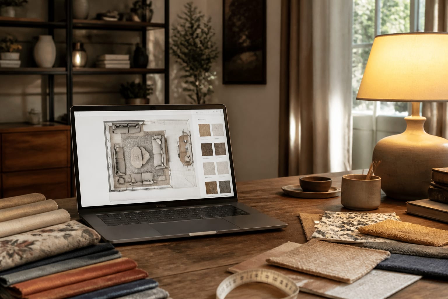 home office laptop showing a room planning interface beside fabric samples, a tape measure, and a warm table lamp
