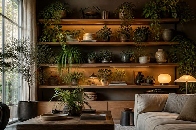 House Plant Shelf Ideas in a plant-filled interior shelf wall, shown as a warm editorial Re-Design concept