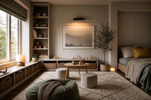 adaptable kids playroom with low storage, washable rug, neutral walls, and space planned for a future teen bed