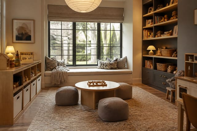 Editorial interior photograph showing playroom ideas that grow with your kids in a real playroom, with warm residential materials, layered lighting, functional furniture placement, and a magazine-quality composition.
