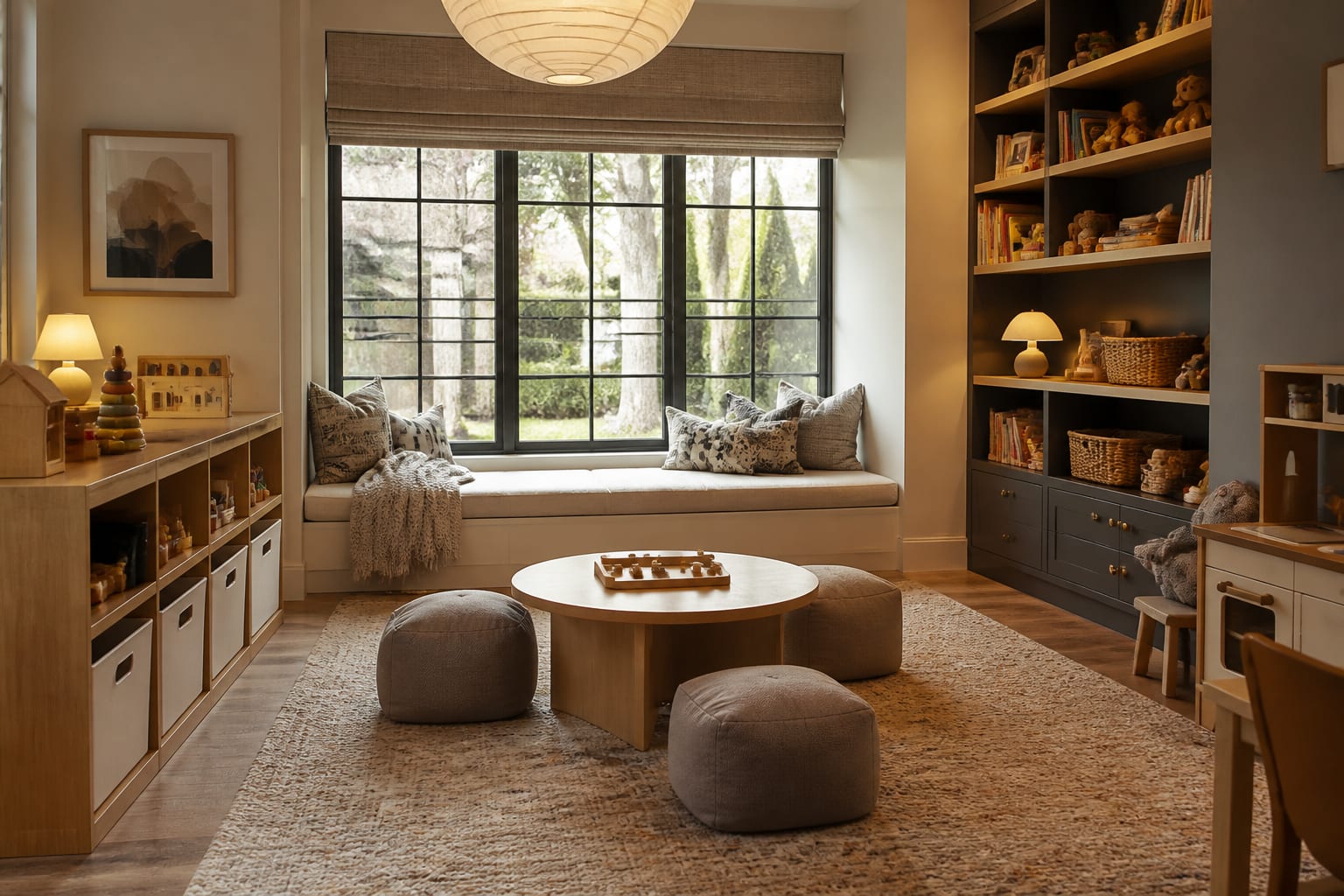 Editorial interior photograph showing playroom ideas that grow with your kids in a real playroom, with warm residential materials, layered lighting, functional furniture placement, and a magazine-quality composition.