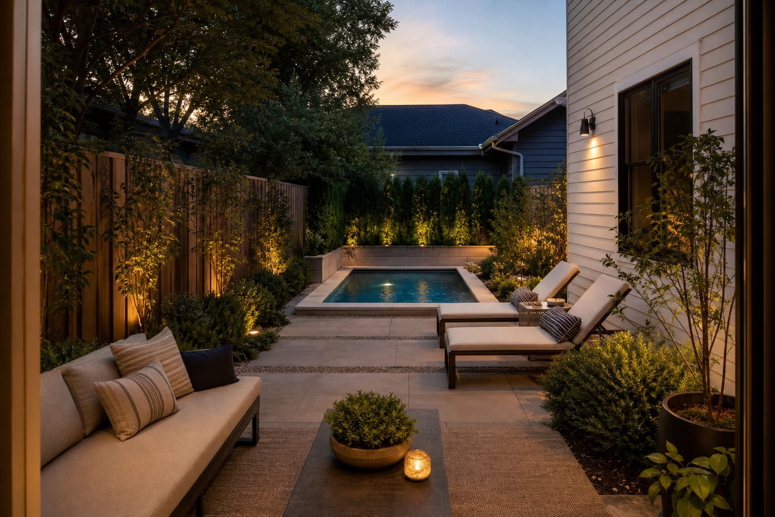 Same narrow backyard with a compact rectangular plunge pool, stone coping, privacy planting, and evening path lights.