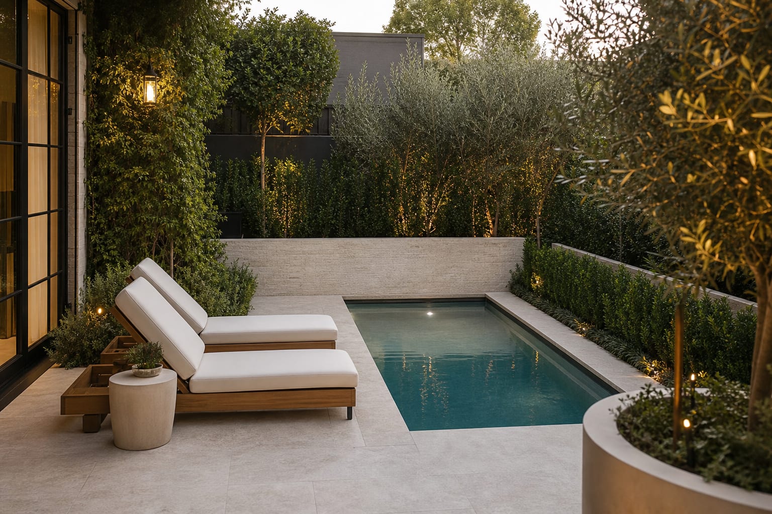 small rectangular plunge pool with pale stone coping, privacy planting, and two lounge chairs in a compact backyard