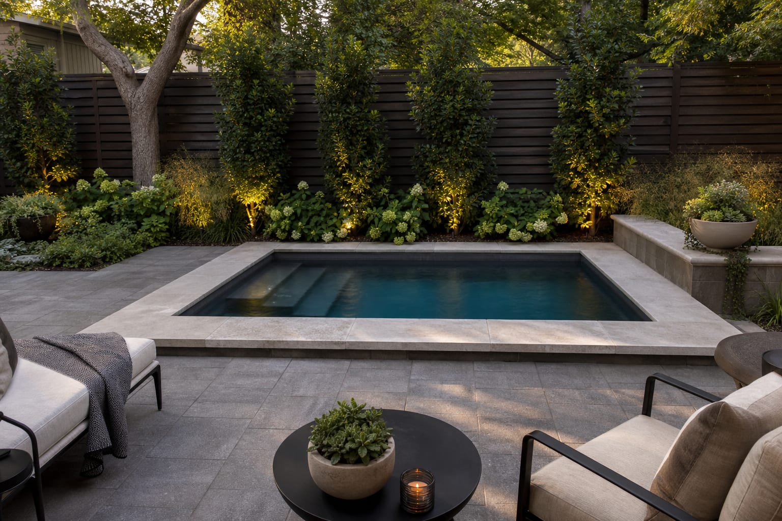 compact plunge pool with wide coping ledge, corner steps, textured pavers, and planting against a privacy fence