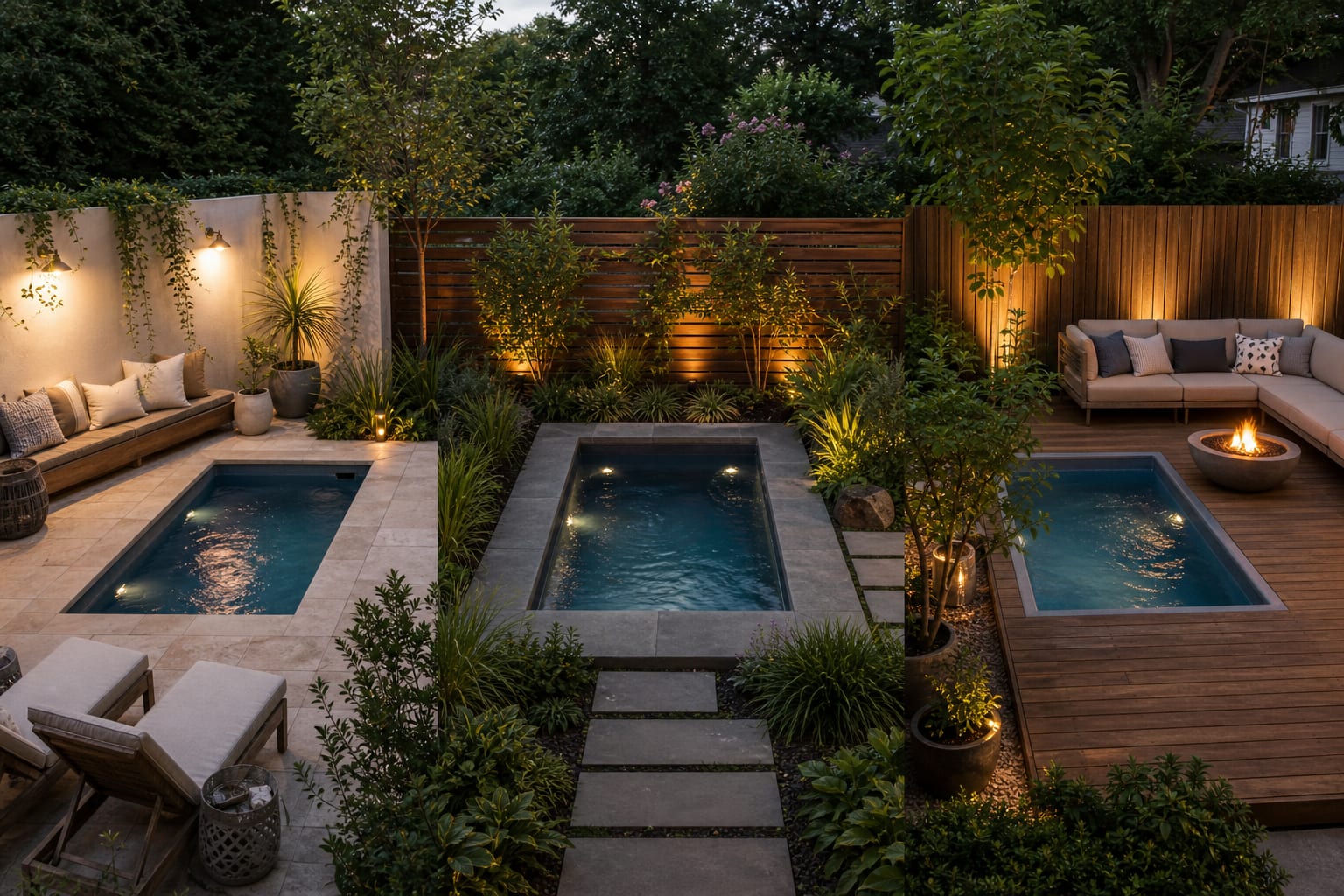 AI-style backyard preview showing three plunge pool layout options with different paving, privacy, and lounge zones