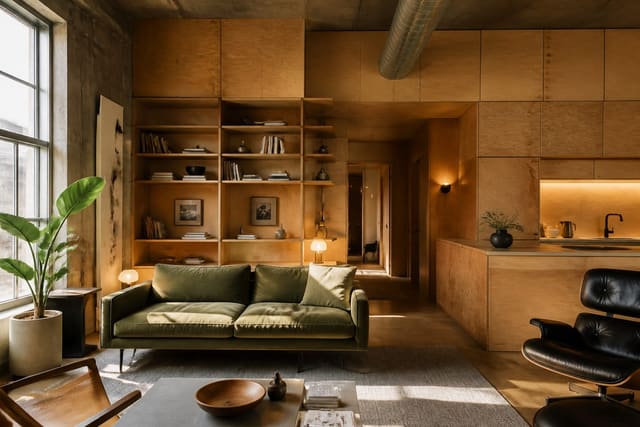 Plywood Interior Design: The Material That Quietly Outclasses Its Price, shown as warm editorial Re-Design photography of a industrial editorial residential interior design scene with believable residential scale, no overlaid text, no watermark