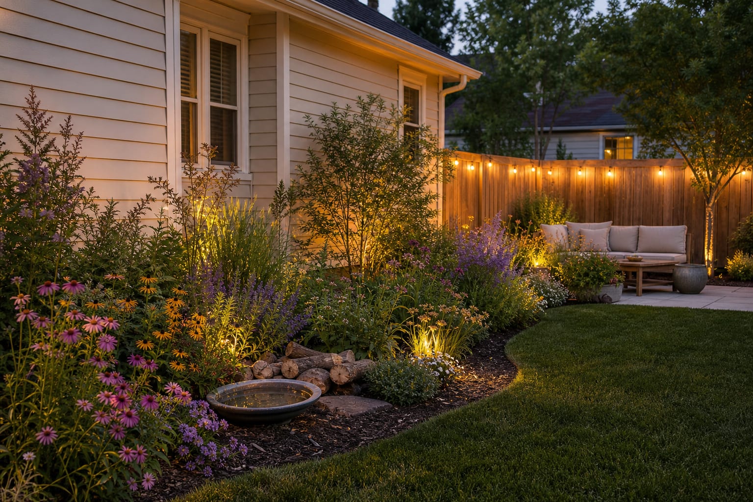 same garden angle with layered bee and butterfly plants, curved path, shallow water dish, log habitat, and repeated flowering drifts.
