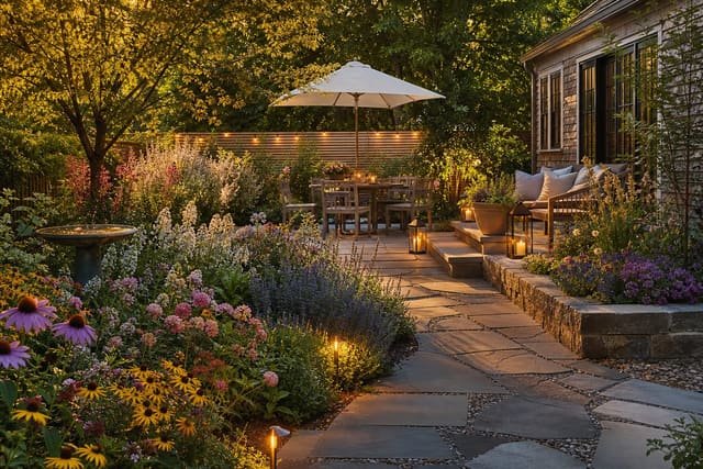 Pollinator Garden Ideas: Plants That Bring Butterflies and Bees shown as a photorealistic outdoor redesign with layered materials, planting, lighting, and clear circulation