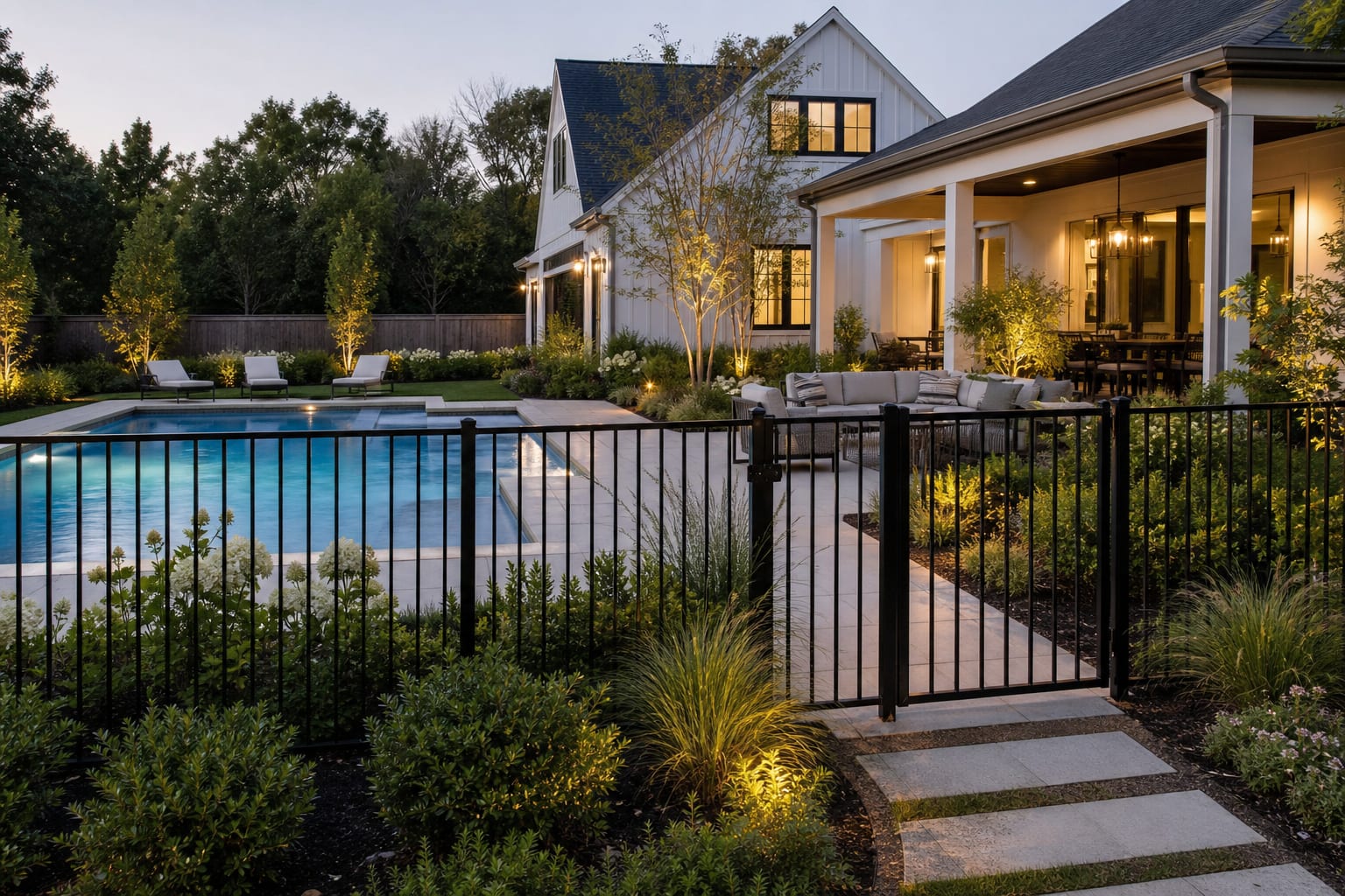 same pool area redesigned with a slim aluminum fence, self-closing gate, low planting, and a clear path around the pool deck