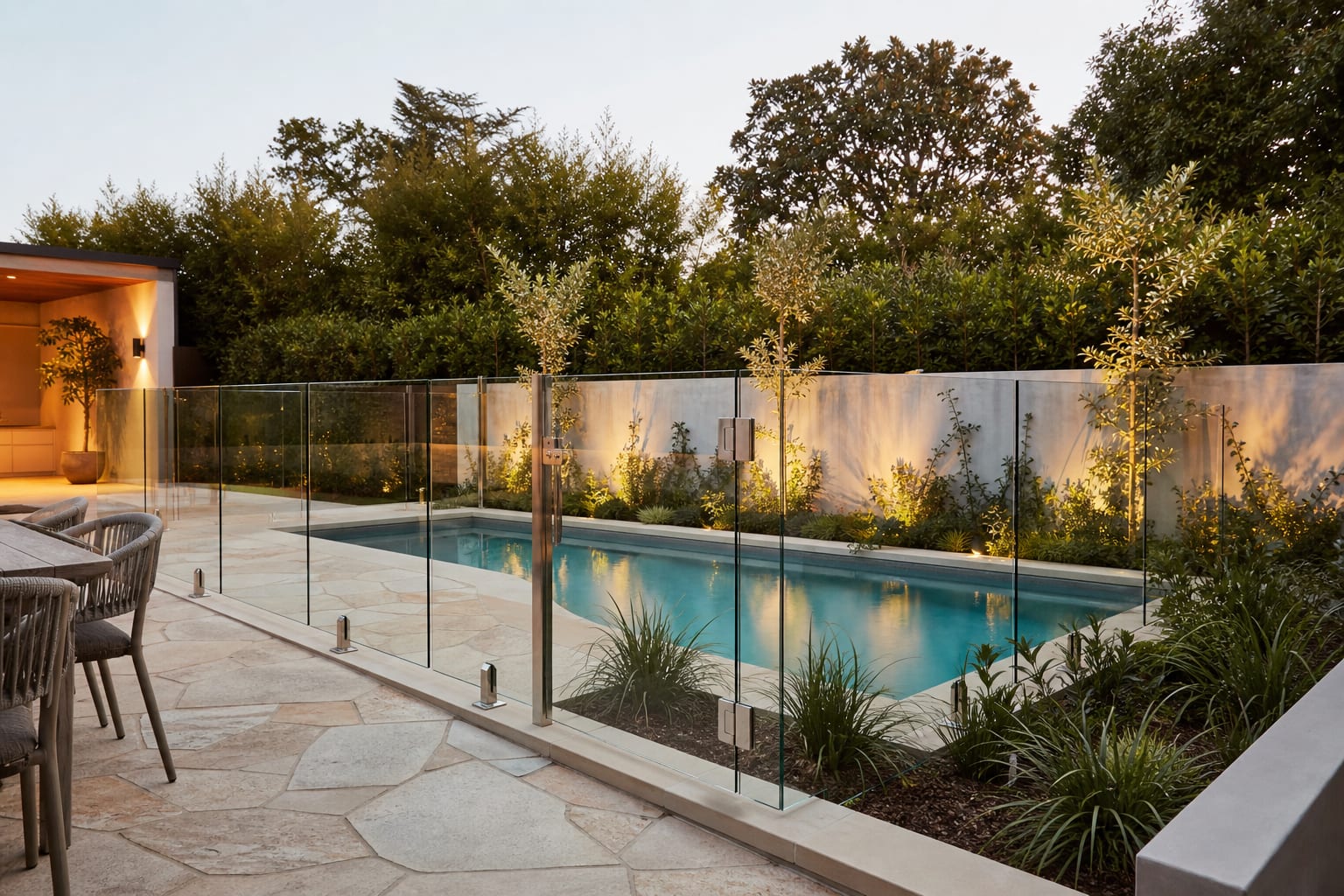 glass and aluminum pool fencing around a compact backyard pool with planted edges, stone paving, and a clear self-closing gate