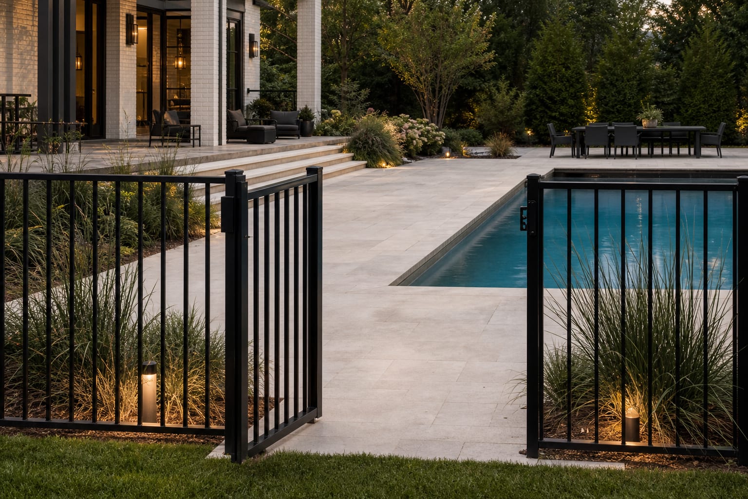 black aluminum pool fence with outward-opening gate, low grasses, pale stone coping, and warm path lights around the pool