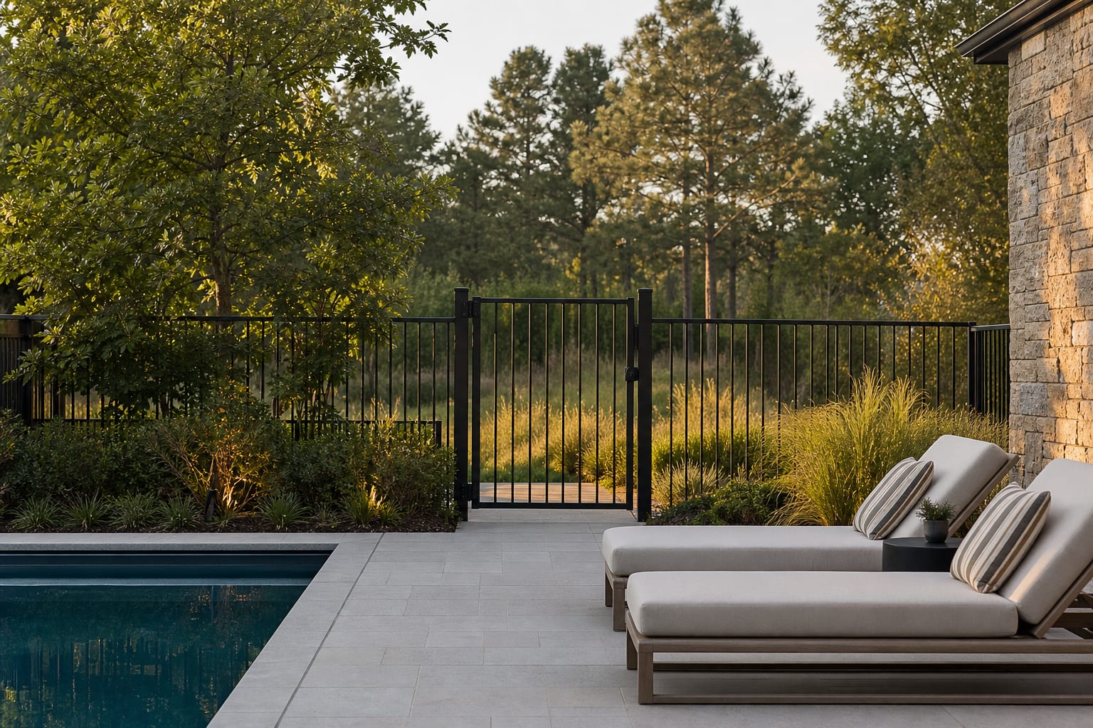 pool gate detail with high latch, clear deck approach, low planting outside the fence, and lounge chairs set away from the swing path