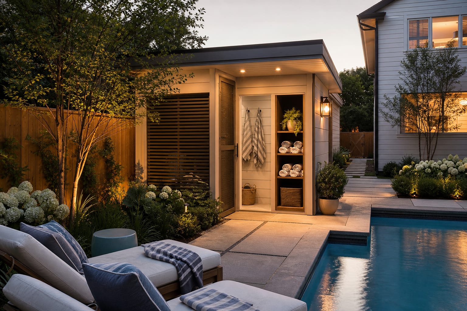 Same pool corner redesigned with a small pool house, deep roof overhang, towel hooks, storage doors, and planting around the equipment screen