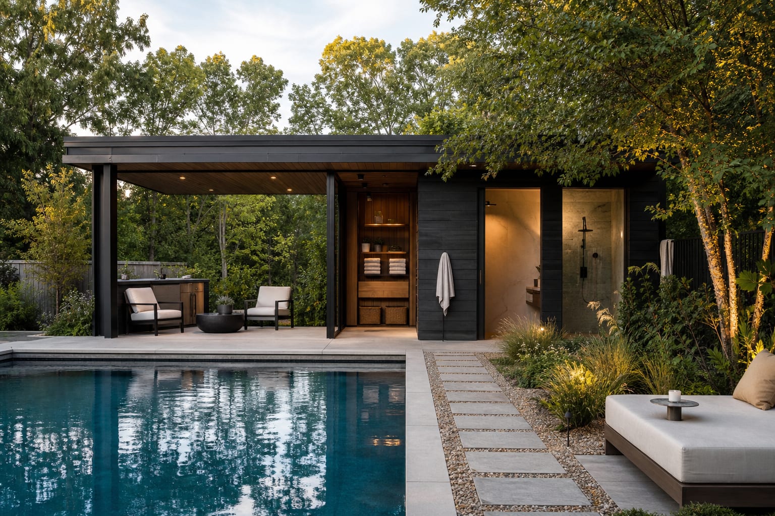 modern pool house with shaded overhang, towel storage, outdoor shower, and clear stone path beside a rectangular pool