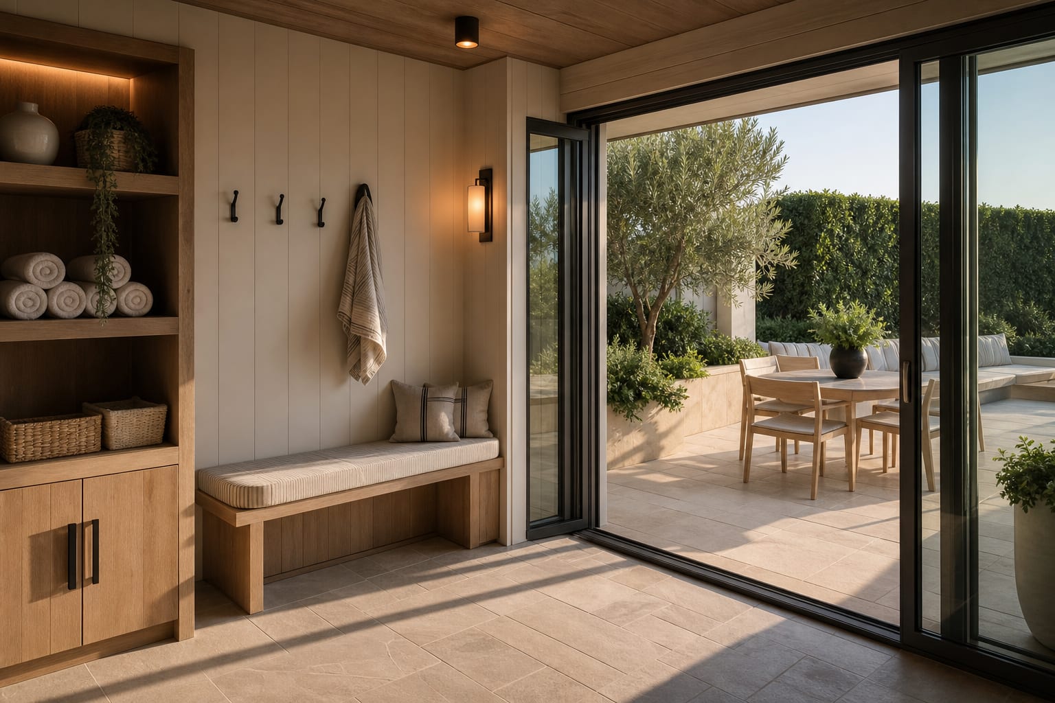pool cabana interior with bench, hooks, outdoor-rated tile floor, open towel shelves, and a sliding door to the deck