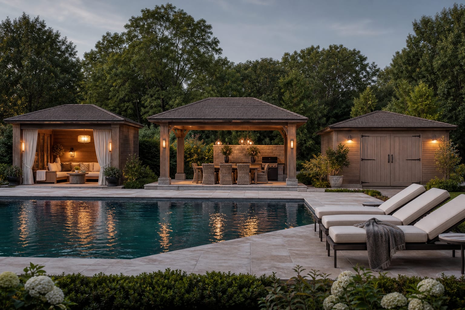 AI-style preview of three pool house options beside the same backyard pool, comparing cabana, pavilion, and storage layouts