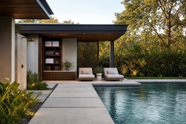 modern pool house with shaded overhang, towel storage, outdoor shower, and clear stone path beside a rectangular pool