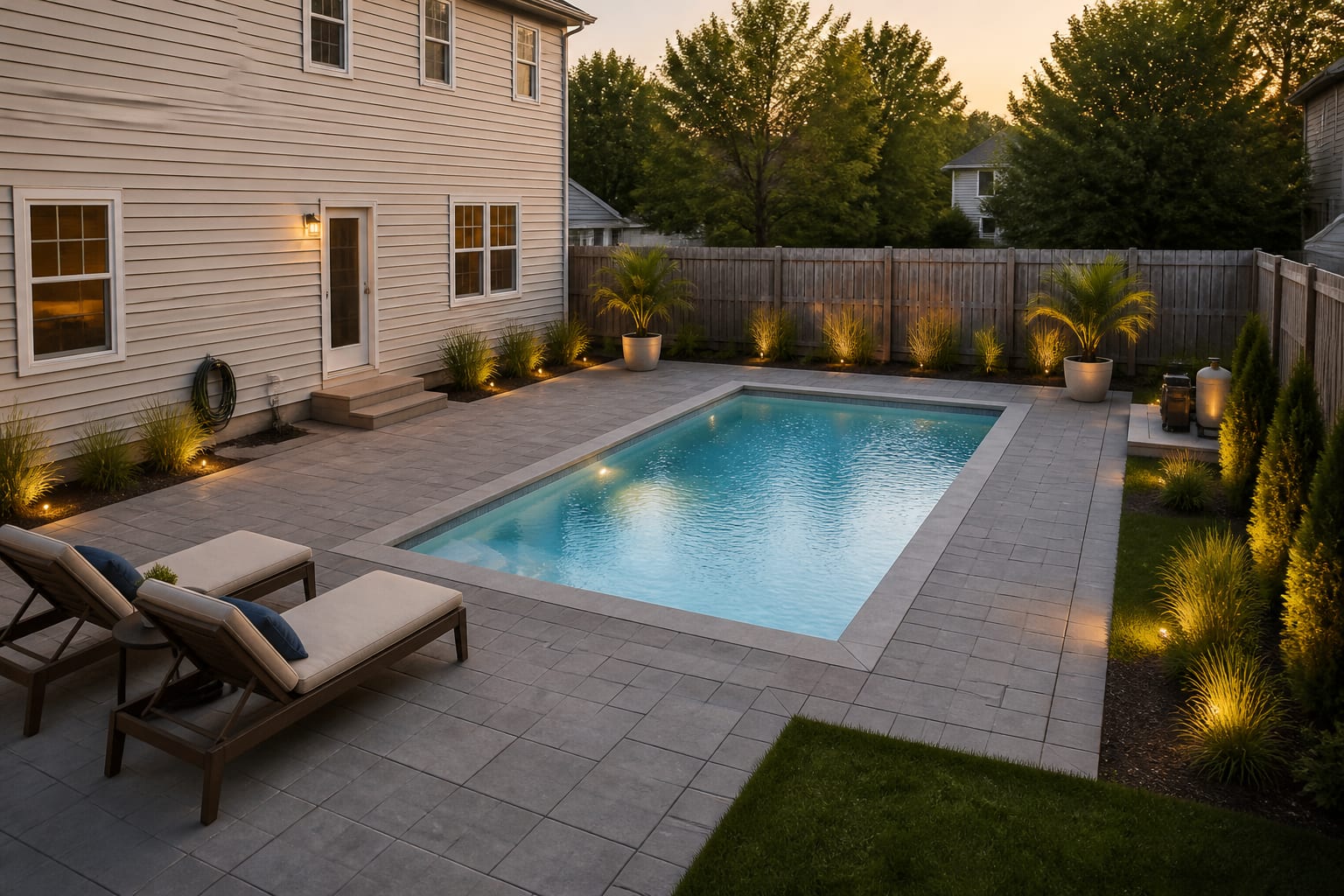 The same backyard with a rectangular in-ground pool, paver deck, and landscaping