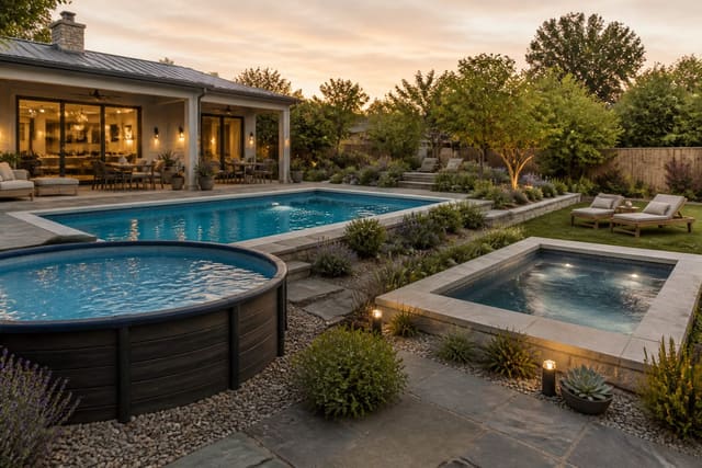 Pool Installation Cost Guide: In-Ground vs Above-Ground vs Plunge, shown as warm editorial outdoor Re-Design photography with believable residential scale