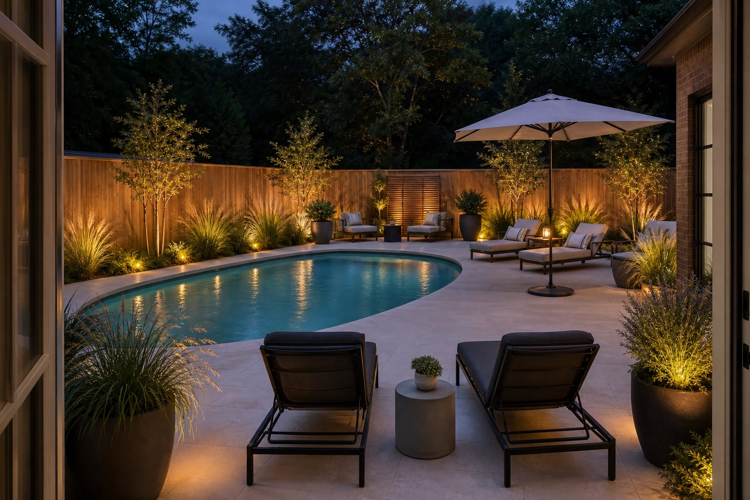 The same backyard pool with layered grasses, large planters, shaded loungers, pale paving, and warm low lighting.