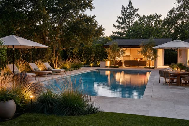 backyard pool with pale stone coping, layered grasses, shade umbrellas, loungers, and clear circulation around the water