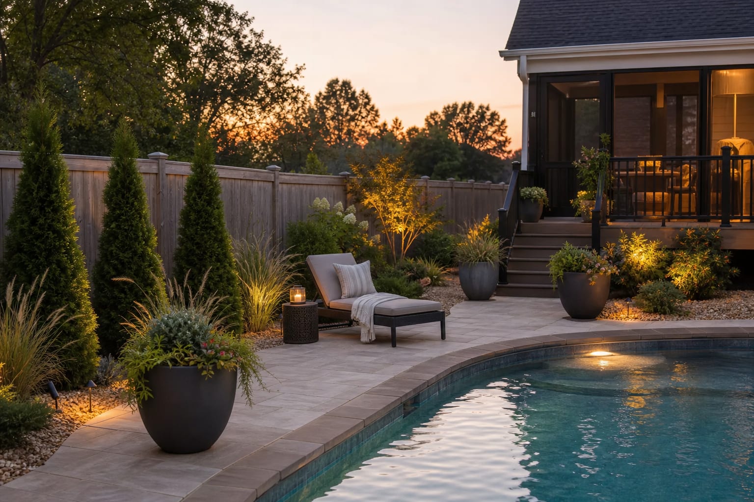 Same backyard pool with layered ornamental grasses, evergreen shrubs, pale gravel, tidy planters, and a softened fence line.