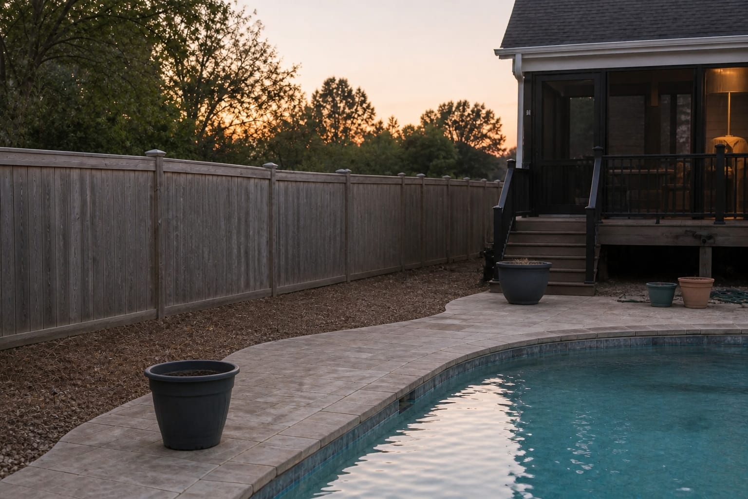 Backyard pool with bare mulch beds, exposed fence, scattered pots, and no clear planting structure around the coping.