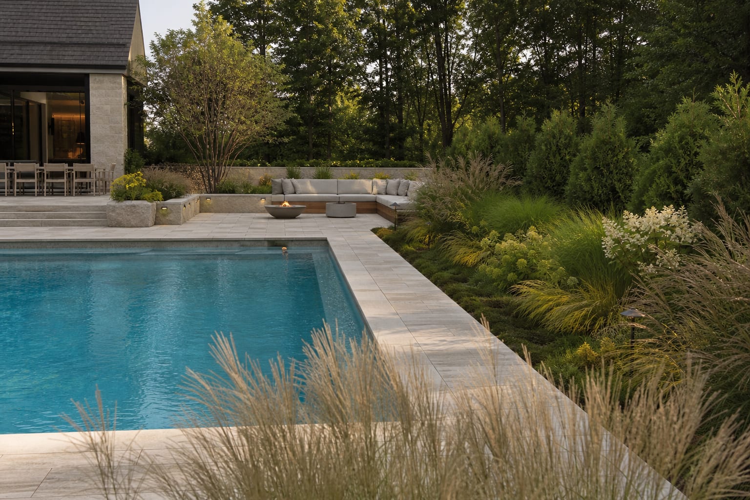 pool deck with layered ornamental grasses, evergreen shrubs, pale pavers, and low-debris planting around clear blue water